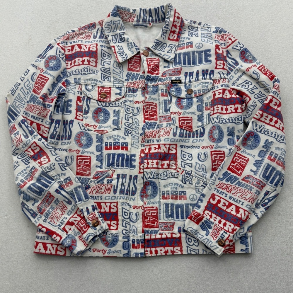 Wrangler Brad Jacket Mens Medium White Red Blue Graphic Print Typographic Zip